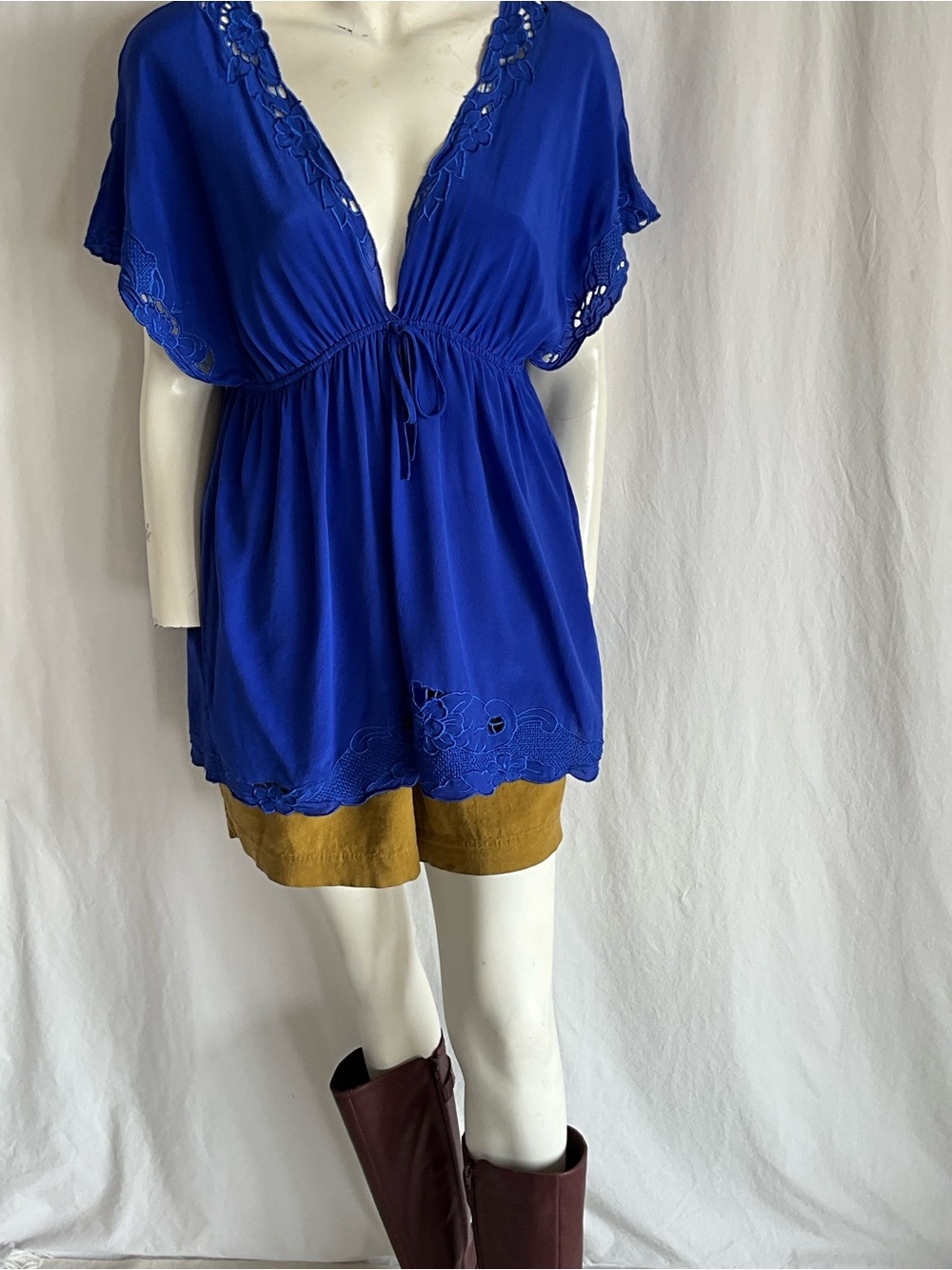 Whimsical Fairy 100% Silk Cobalt Blue Cutwork Embroidered Boho Tunic Blouse L